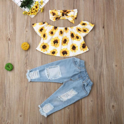 

Toddler Kids Baby Girl Off Shoulder Shirt Tops Jeans Pants 3PCS Outfits Clothes