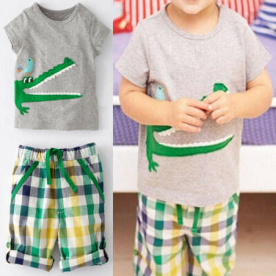 

2PCS Summer Toddler Kid Boy Crocodile T-shirt Plaid Pant Outfits Sets Clothes