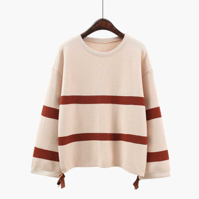 

〖Follure〗Women Round Neck Hand Sleeve Stripe Sweater Long Sleeve Pullover Top Blouse