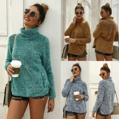 

Fashion Women Pocket Fluffy Coat Fleece Fur Jacket Outerwear Pullover Sweater Sweatshirt