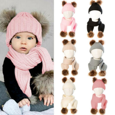 

Kids Baby Pom Pom Hat Bobble Beanie Scarves Double Knitted Boy Girl Infant UK