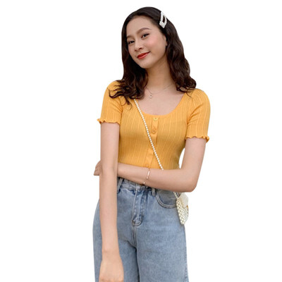 

Women T-Shirt Harajuku Knitted Short Sleeve Shirt Crop Top Unif Sexy Street Wear White Femme funny Summer T Shirt