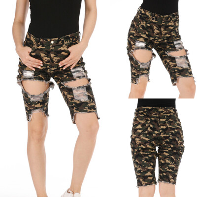 

〖Follure〗Women Fashion Skinny Mid-Waisted Camouflage Pocket Pants Hole Denim Shorts