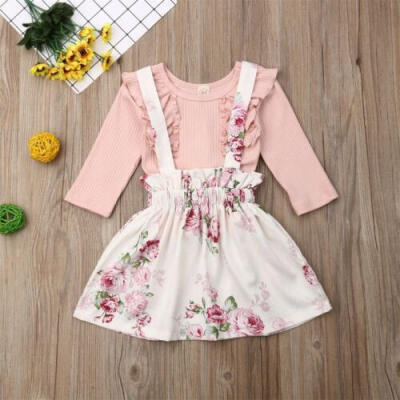 

US Baby Girl 2PCS Skirts Outfits Set Toddler Kid T-Shirt Top Floral Strap Dress