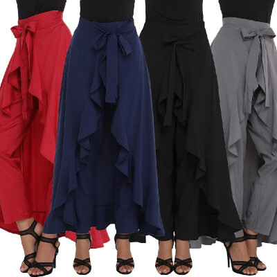 

Fashion Women Tie-Waist Ruffle Palazzo Pants High Split Mid Waist Loose Maxi Trousers Pantalon Pantskirt Culottes