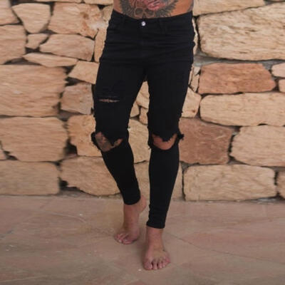 

Slim Destroyed Stretchy Ripped Skinny Biker Jeans Men Taped Fit Denim Pants
