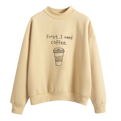 

Toponeto Women O-Neck Solid Color Coffee Cup Pattern Long Sleeve Plus Velvet Sweatshirt