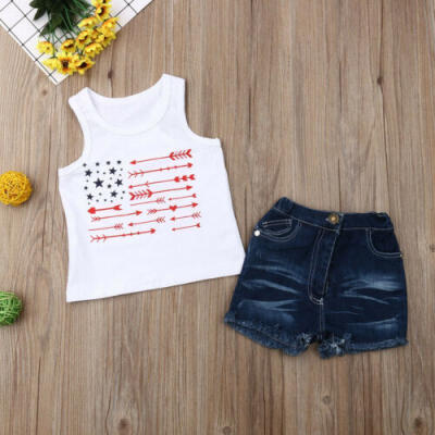 

US Toddler Kids Baby Girl American Flag Outfits VestShorts Jeans Clothes Summer