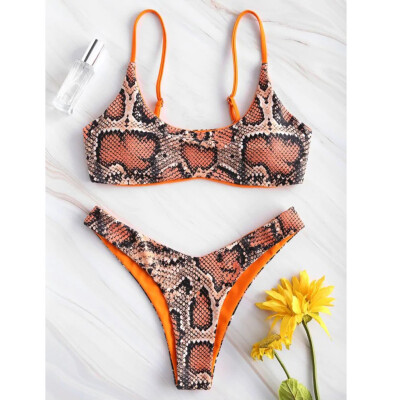 

Roseonmyhand Women Snake Skin High Cut V Neck Two Pieces Bikini Swimwear Swimsuit Beachwear