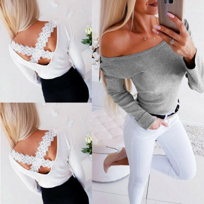 

Fashion Women´s Pure Color Lace Cross Long Sleeve Tops Backless Blouse New Lady Autumn Shirts -XL