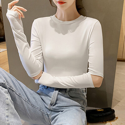 

Women Slim Round Collar Summer Solid Color Openwork Long Sleeve Casual Simple Wild Tops