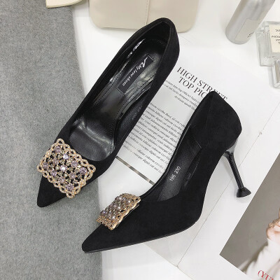 

Single shoes female spring&summer new rhinestone pointed shoes shallow mouth black banquet sti