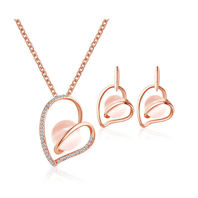 

3 PcsSet Romantic Peach Heart Shaped Rose Gold Opal Crystal Necklace Earring Jewelry Set