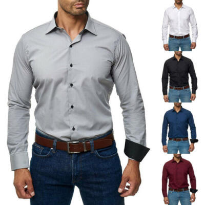 

Mens Formal Dress Shirts Long Sleeve Slim Fit Tops Luxury Work Blouse T-shirt UK