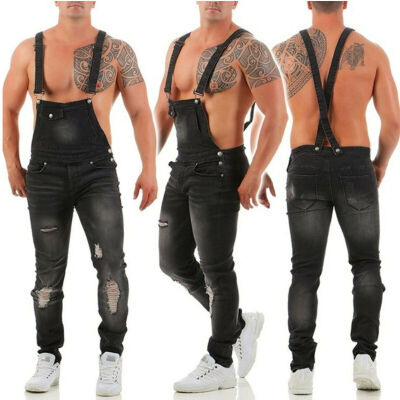 

Mens Slim Fit Denim Overalls Suspender Trousers Bib Pants Skinny Frayed Jeans