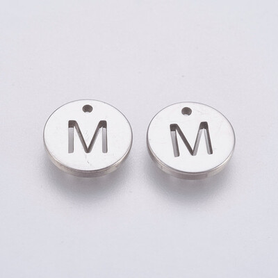 

304 Stainless Steel Charms Flat Round with Letter Stainless Steel Color LetterM 10x1mm Hole 1mm