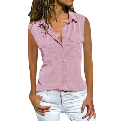 

Starmoon Women Casual Solid Sleeveless Turn Down Collar Pockets Button Front Shirt Tops