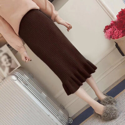 

Womens Autumn & Winter Knitted Long Skirt High Waist Ruffled Slim Bodycon Skirt