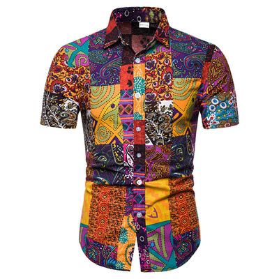 

Tailored Mens Summer Print Turn-Down Collar Slim Fit Short Sleeve Top Shirt Blouse
