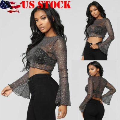 

US Women Long Sleeve Crop Top Ladies See Through Mesh Fishnet Clubwear Shirt Top