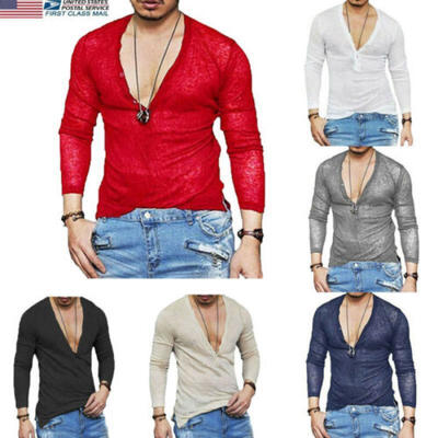 

US STOCK Mens Slim Fit V Neck Long Sleeve Muscle Tee T-shirt Casual Tops Blouse