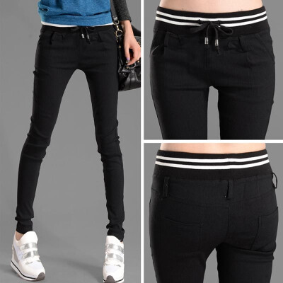 

New Fashion Women Casual Pants Elastic Waist Drawstring Slim Pencil Pants Trousers BlackWhite