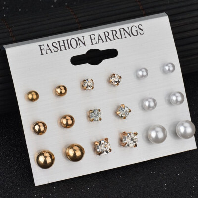 

EK412 9Pairsset New Simple Ball Big Small Simulated Pearl Crystal Flower Heart Stud Earrings Set Women Girl Fashion Jewelry