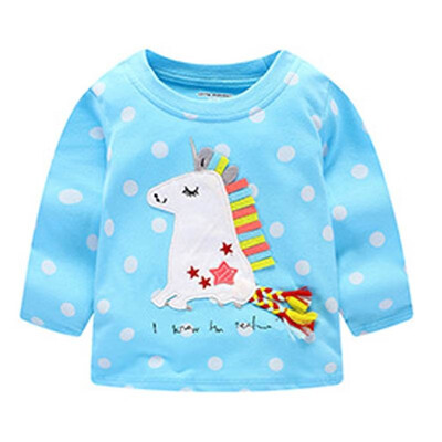 

T-Shirts Children Brand Baby Girl Clothes 2018 Autumn New Girls Cotton Long Sleeve Dot Sky Blue Cloth Unicorn T Shirt