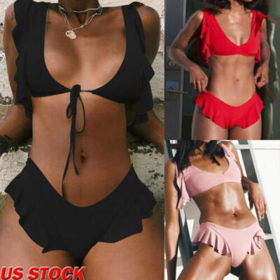 

Womens Sexy Flounce Ruffle Top Bikini 2Pcs Set Swimsuit Padded Bathing Swimwear