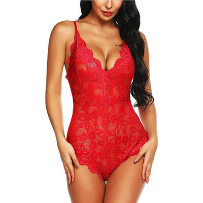 

Womens Sexy Lace Deep V-neck Lingerie Nightwear Underwear Sleeveless Bodysuit