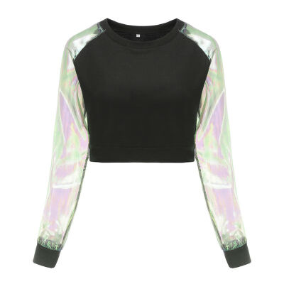 

Laser Transparent T-shirt Spring Autumn Harajuku Japanese Women Long Sleeve Patchwork Crop Top Women Tees