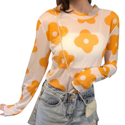 

Womens Casual O Neck Floral Print Long Sleeve Mesh Perspective Sun Protection T-Shirt
