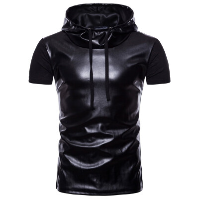 

Black Mens Faux Leather Hooded T-Shirt Pullover Short Sleeve Glossy Slim Tops