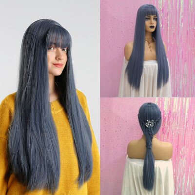 

〖Follure〗Party Dark Blue Wig Long Curly Hair Synthetic Wig Fashion Wavy Wigs Cap