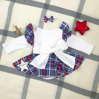 

UK Christmas Newborn Baby Girl Long Sleeve Plaids Romper Dress Xmas Clothes Set