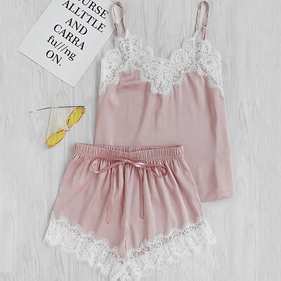 

Spaghetti Strap Lace Satin Cami Top&Shorts Pajama Set Womens Sleepwear Pajama Set