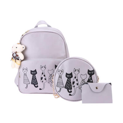 

3pcsSet Women Cat Print PU Leather Backpack Teenage Girls Shoulder Bookbag