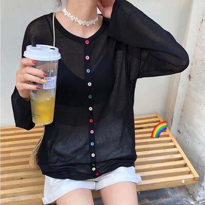 

Women Summer Knitted Round Collar Button Long Sleeve Casual Knit Pullover Loose Solid Color Tops Fashion