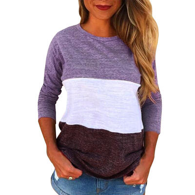 

Autumn Women T-shirt O-neck Loose Splicing Color Blouse Long Sleeve Tops