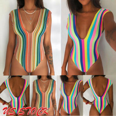 

US Womens One Piece Swimsuit Push Up Bikini High Cut Rainbow Swimwear Beachwear