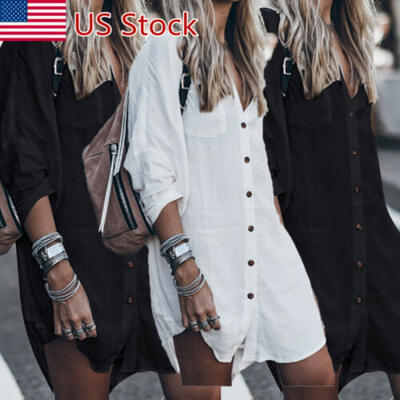 

Women Long Sleeve V Neck Mini Dress Summer Casual Long Shirt Dress Tops Blouse
