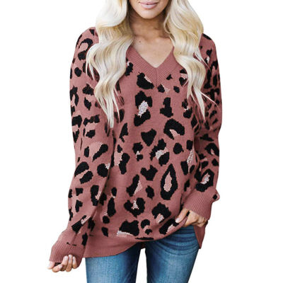 

Women Autumn Concise Casual All-match Leopard Printed V-collar Long Sleeve Sweater