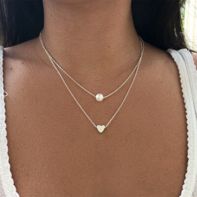 

2019 New Fashion Gold Silver Double Chain Choker Imitation Pearl Necklaces Delicate Heart Pendant Necklace For Women Bijoux