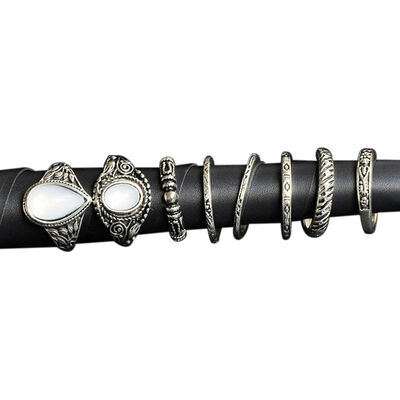 

8pcs White Turquoise Decor Women Girls Ring Set Zinc Alloy Plating Hand Joint Decoration Jewelry