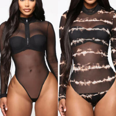 

Women Bodysuit Bodycon Jumpsuit Romper Leotard Tops Mesh T-shirt Playsuit US