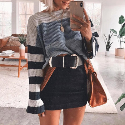 

Gobestart Women O-Neck Striped Color Block Sweater Knitwear Patchwork Pullover Tops