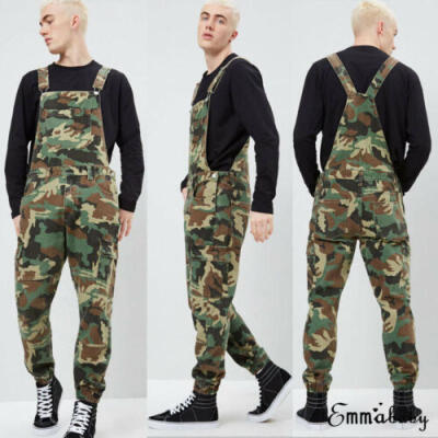 

Mens Distressed Denim Camouflage Overalls Bib Jumpsuit Moto Biker Jean Pants