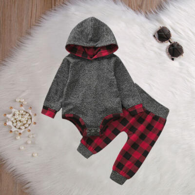 

Infant Kids Baby Boys Girls Long Sleeve Hooded Romper Plaid Pants Outfits Set US