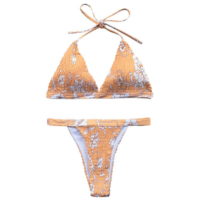 

Halter Neck Backless Padded Floral Print Shirring Low Waist Women Bikini Set