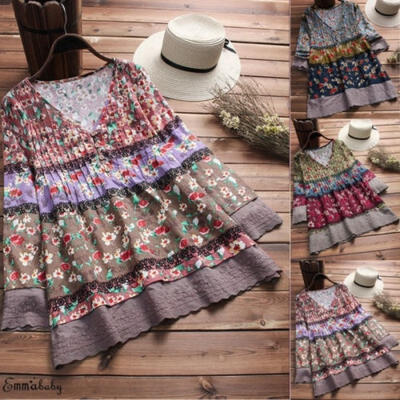 

Boho Women Floral T Shirt Casual Long Sleeve Oversized V-Neck Blouse Ladies Tops